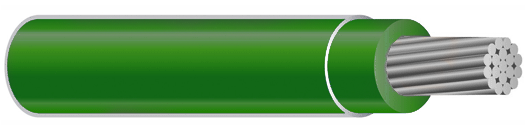 Aluminum THHN THWN-2 Wire — multi-strand silver-grey aluminium conductor with dark green PVC+Nylon insulation, stripped end showing concentric strand rings