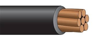 Copper Core PVC House Wiring Wire Cross Section — 7-strand copper conductor with black PVC insulation, partially stripped to expose inner copper strands