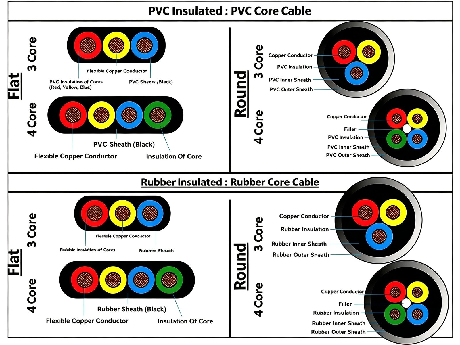 JHSB flat submersible pump cable cross-section — three Class 5 copper conductors in flat parallel layout, EPR insulation per core, CPE flat outer sheath