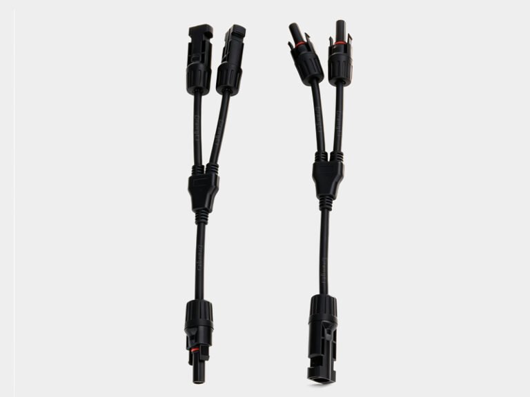 High current IP68 waterproof Y-type MC4 branch solar connector, TÜV certified PV parallel splitter for photovoltaic system array wiring, factory bulk supply for solar project contractors