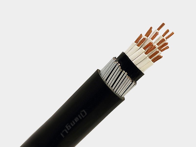 Close-up end cut of 19-core steel wire armoured SWA control cable for industrial signal control wiring