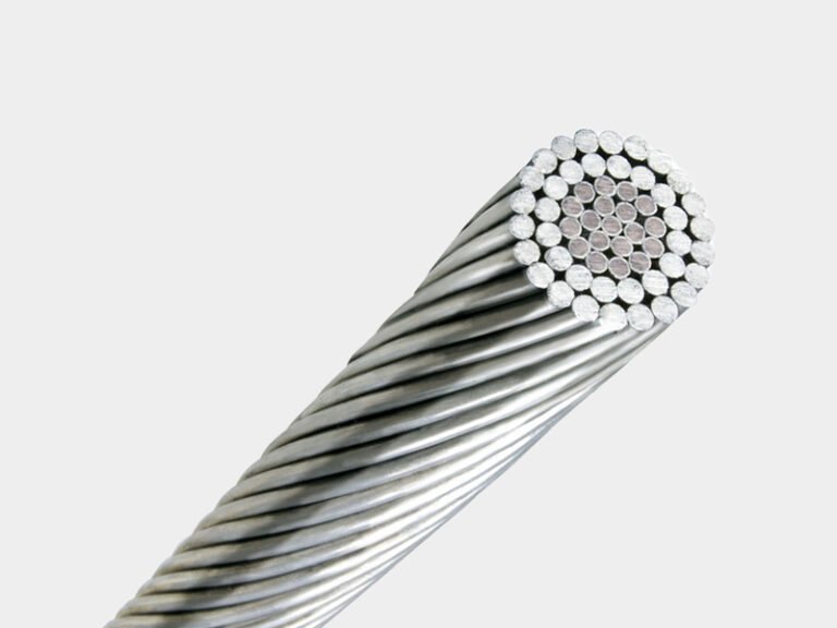 Close-up cut end photo of ACSR aluminum conductor steel reinforced stranded overhead conductor manufactured to IEC 61089 international standard