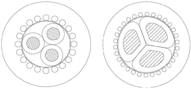 AS/NZS 4961 Aluminum Neutral Screen Cable cross-section — three sector-shaped XLPE-insulated aluminium phase cores (blue/red/white), concentric copper wire neutral screen, PVC outer sheath