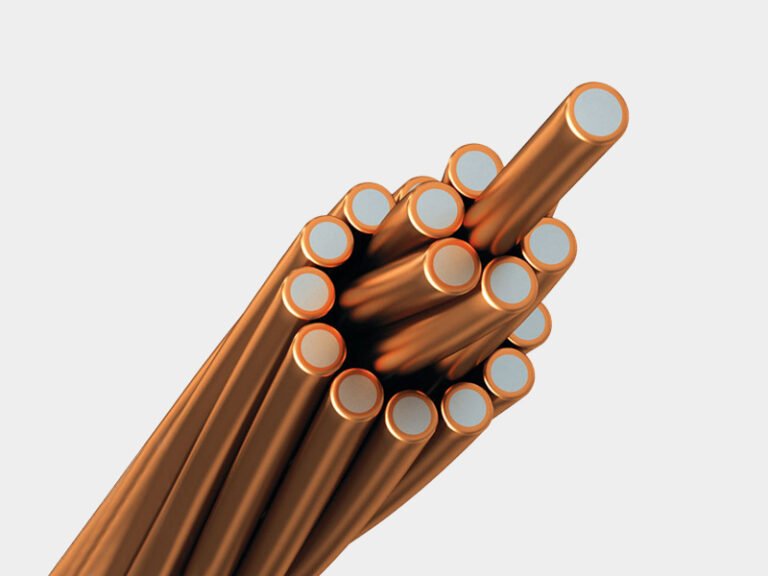 Close-up cut end photo of stranded copper clad steel CCS conductor manufactured per ASTM specifications
