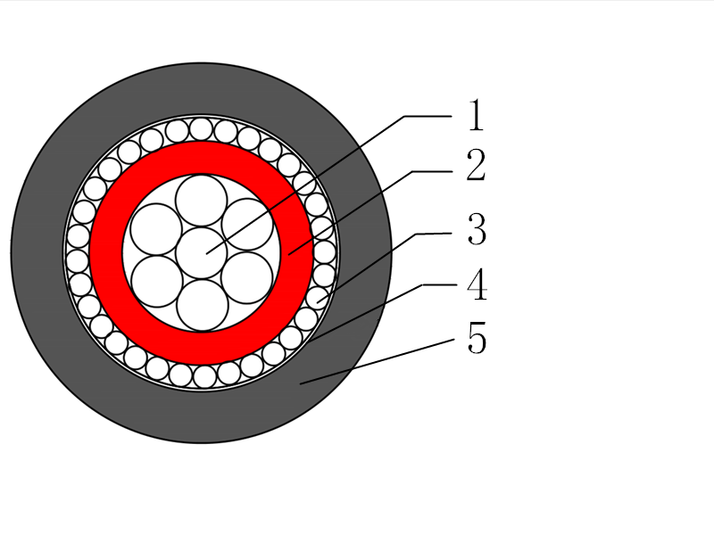 KS 04-1022 PVC Insulated Single Phase Concentric Copper Cable cross-section — circular stranded copper phase conductor, red PVC insulation, plain annealed copper concentric neutral wires, black PVC outer sheath